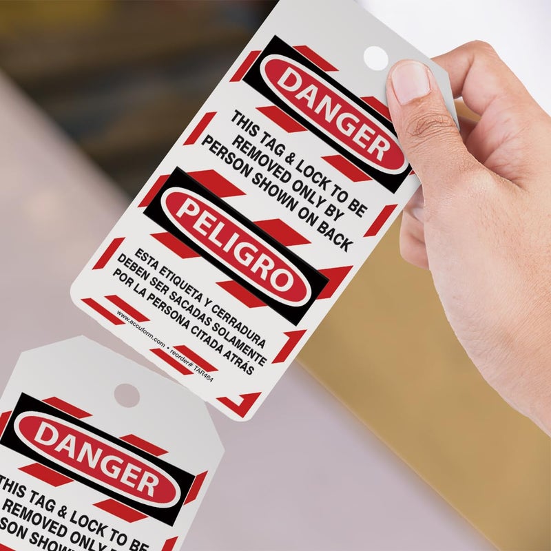 AccuformNMC 100 Lockout Tags by-The-Roll, Bilingual Danger This Tag & Lock to Be Removed Only by Person Shown On Back, US Made OSHA Compliant, Waterproof PF-Cardstock, Resists Tears, 6.25"x3", TAR464 - Image 3